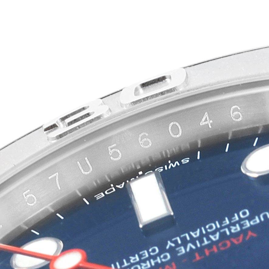 The image shows a close-up of the bezel and a portion of the dial of a Rolex Yacht-Master 116622 Men's Stainless Steel Blue Dial 116622 Men's Stainless Steel Blue Dial watch.
