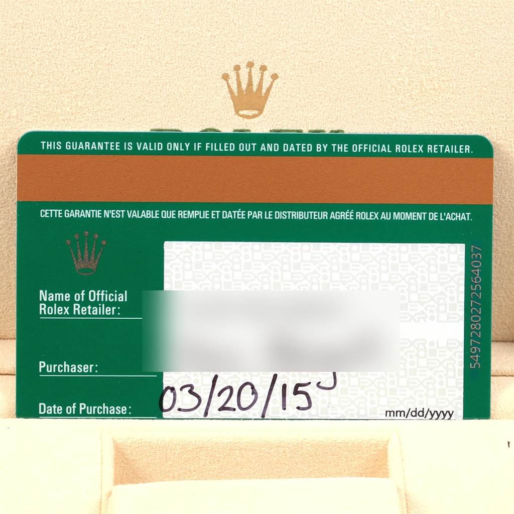 This shows the guarantee card for a Rolex Yacht-Master 116622 Men's Stainless Steel Blue Dial 116622 Men's Stainless Steel Blue Dial watch, displaying the retailer information and date of purchase.