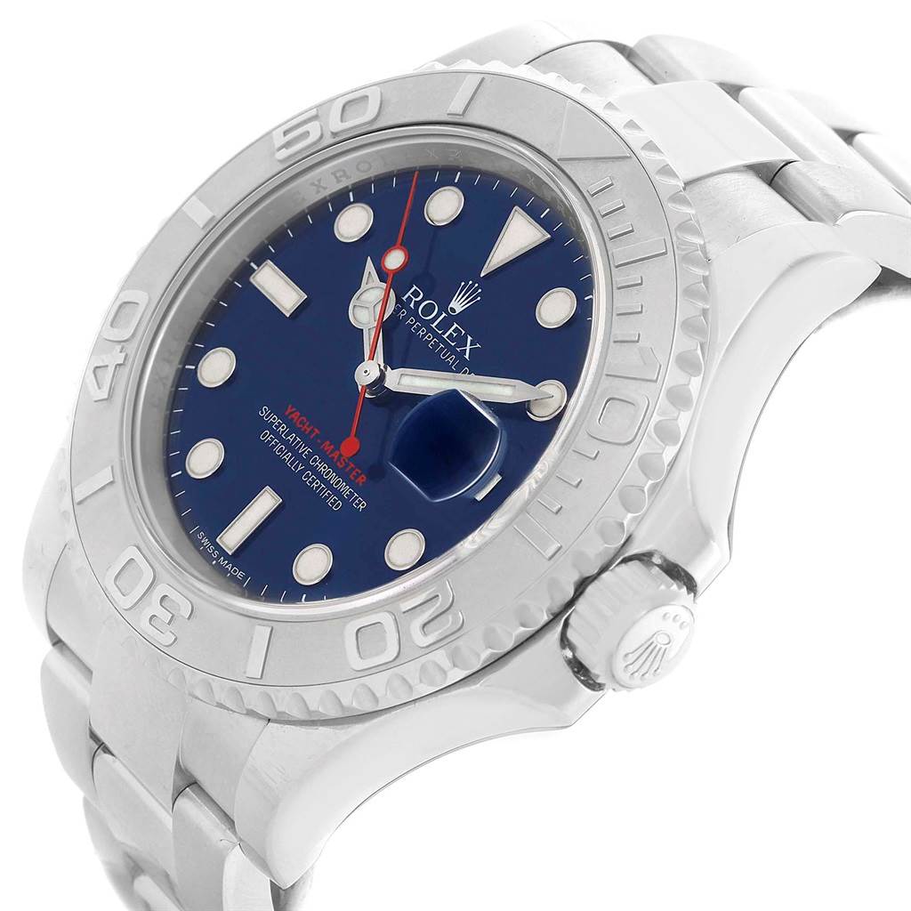 The Rolex Yacht-Master 116622 Men's Stainless Steel Blue Dial 116622 Men's Stainless Steel Blue Dial watch is shown at a slight angle, highlighting its blue dial, bezel, and bracelet links.