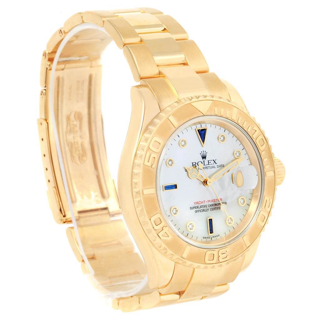 The image shows a side angle of a gold Rolex Yacht-Master 16628 Men's Yellow Gold Mother of Pearl Dial 16628 Men's Yellow Gold Mother of Pearl Dial watch, highlighting its dial, bezel, and bracelet.