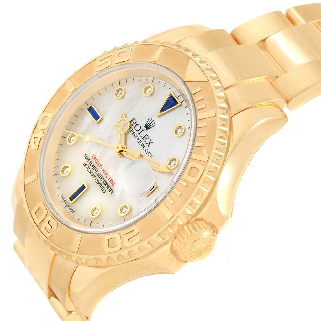 This image shows the front and right side of the Rolex Yacht-Master 16628 Men's Yellow Gold Mother of Pearl Dial 16628 Men's Yellow Gold Mother of Pearl Dial watch in a diagonal angle, highlighting the bezel, face, and bracelet.