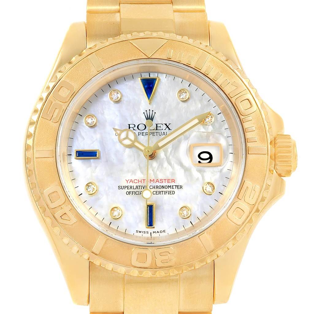 The image shows a frontal view of a Rolex Yacht-Master 16628 Men's Yellow Gold Mother of Pearl Dial 16628 Men's Yellow Gold Mother of Pearl Dial watch, highlighting the dial, bezel, and crown.