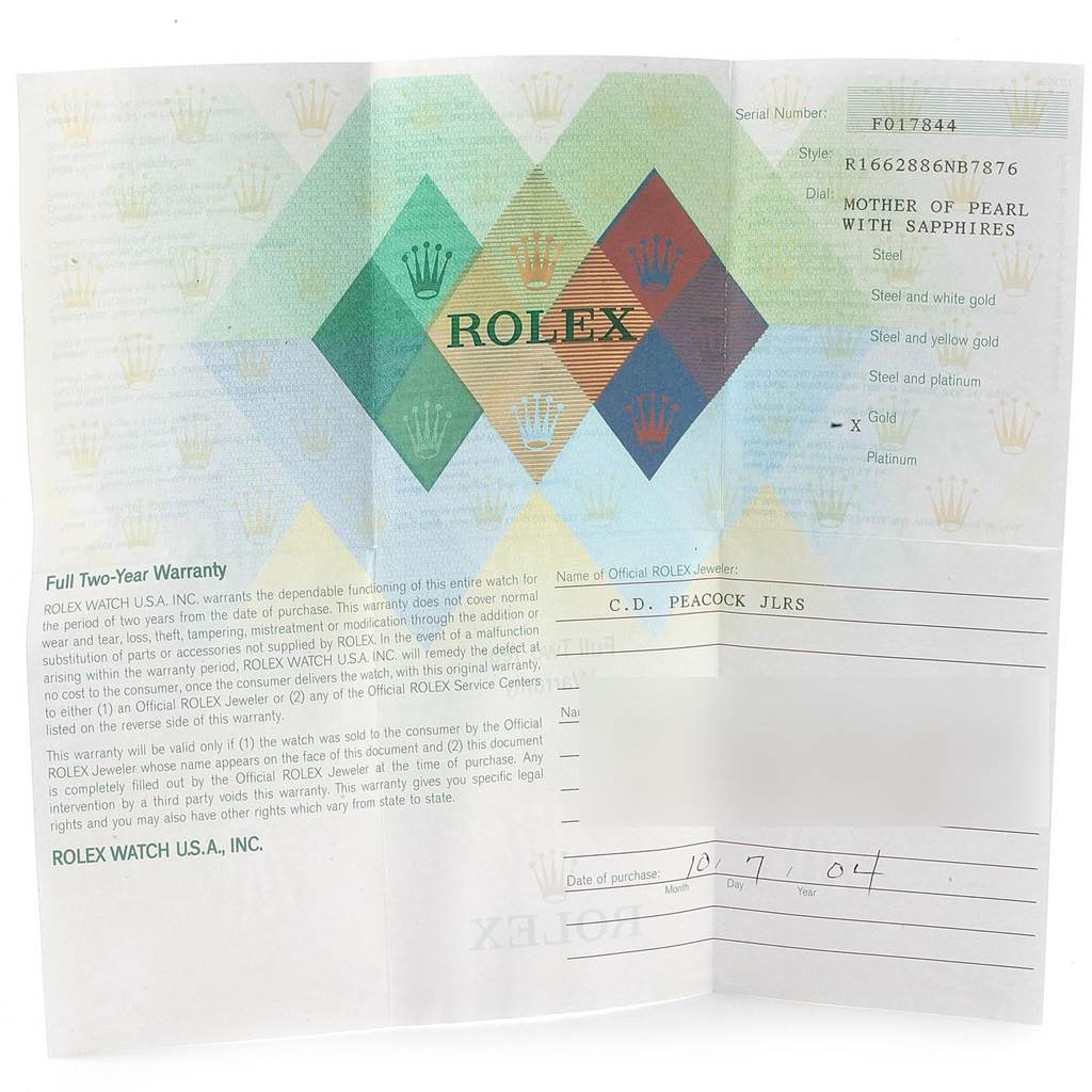 The image shows a warranty and certification booklet for the Rolex Yacht-Master 16628 Men's Yellow Gold Mother of Pearl Dial 16628 Men's Yellow Gold Mother of Pearl Dial watch model.