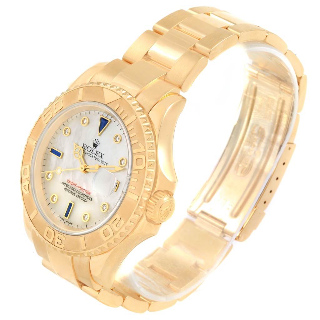 The image shows a gold Rolex Yacht-Master 16628 Men's Yellow Gold Mother of Pearl Dial 16628 Men's Yellow Gold Mother of Pearl Dial watch from a front-side angle, highlighting the face, crown, and part of the bracelet.