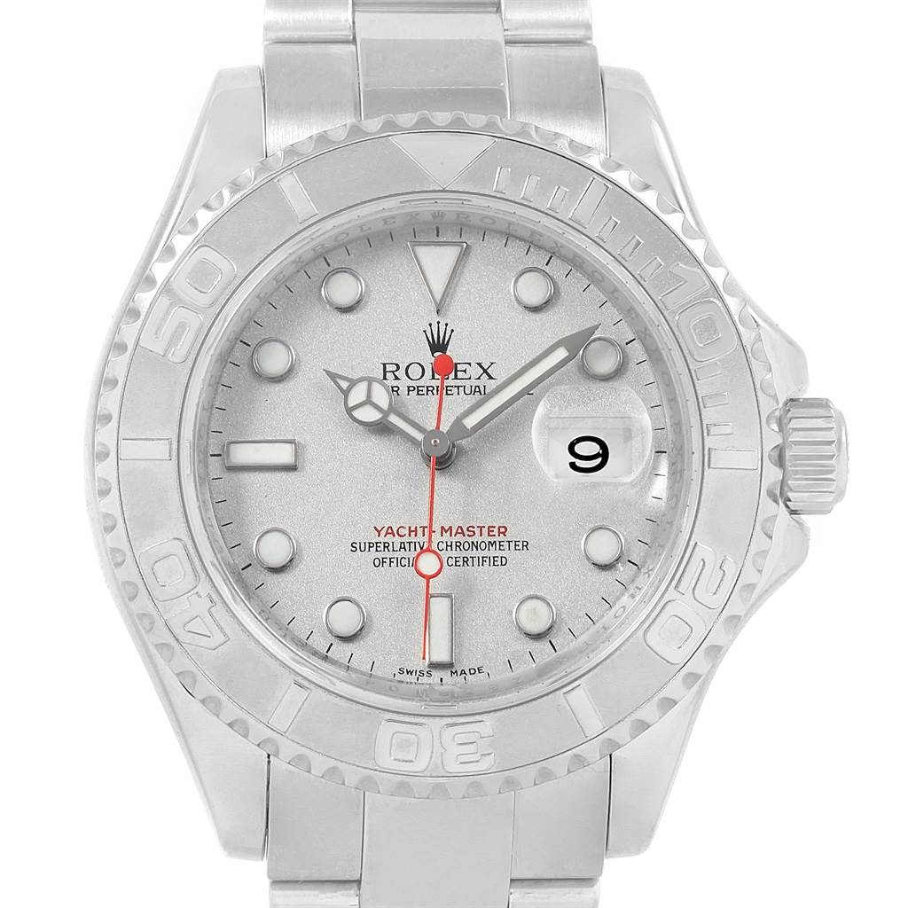The Rolex Yacht-Master 16622 Men's Stainless Steel Silver Dial 16622 Men's Stainless Steel Silver Dial watch is shown from a front angle, highlighting its dial, bezel, hands, and bracelet.