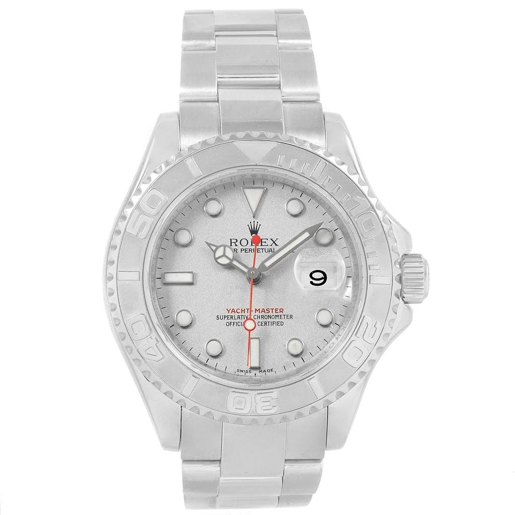 The Rolex Yacht-Master 16622 Men's Stainless Steel Silver Dial 16622 Men's Stainless Steel Silver Dial watch is shown from the front, displaying its face, bezel, crown, and bracelet.
