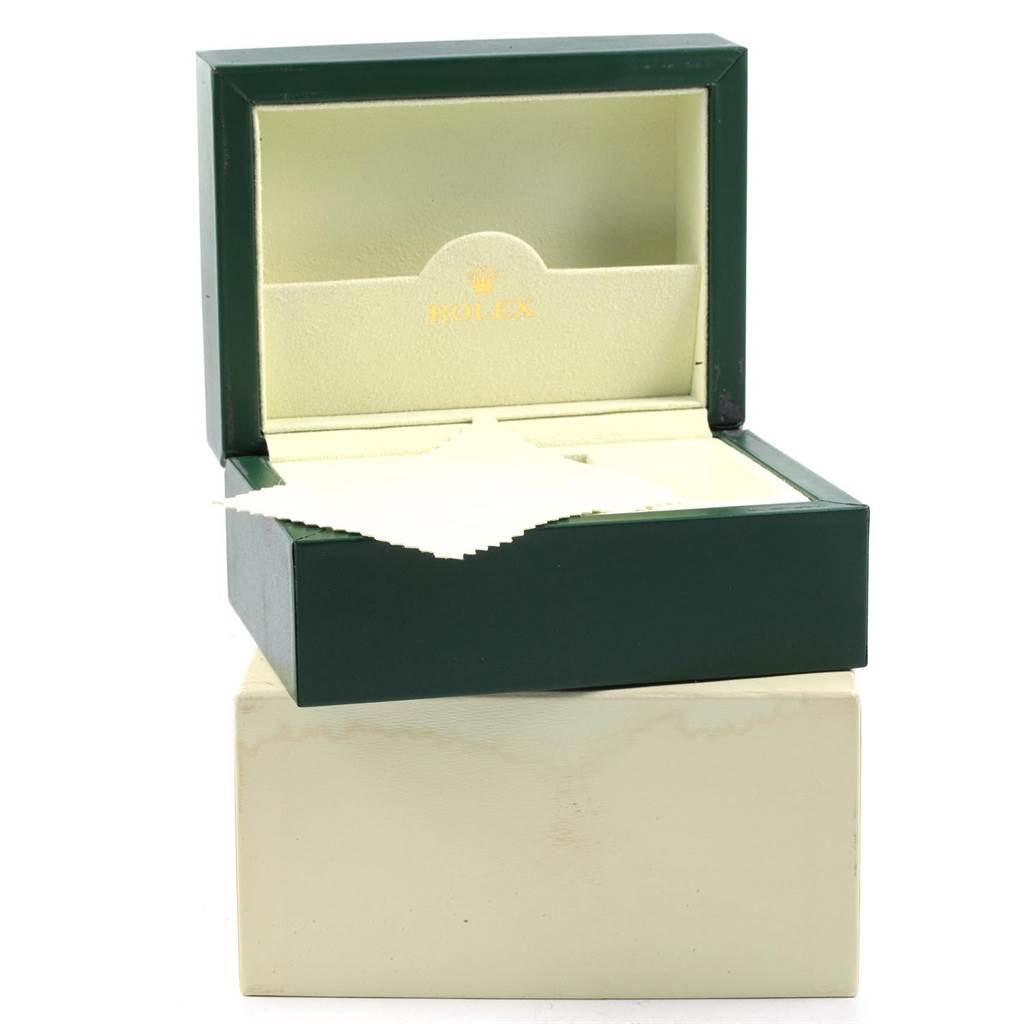 The image shows an open Rolex Yacht-Master 16622 Men's Stainless Steel Silver Dial 16622 Men's Stainless Steel Silver Dial watch box, including an inner cushion and cleaning cloth, viewed from the front angle.