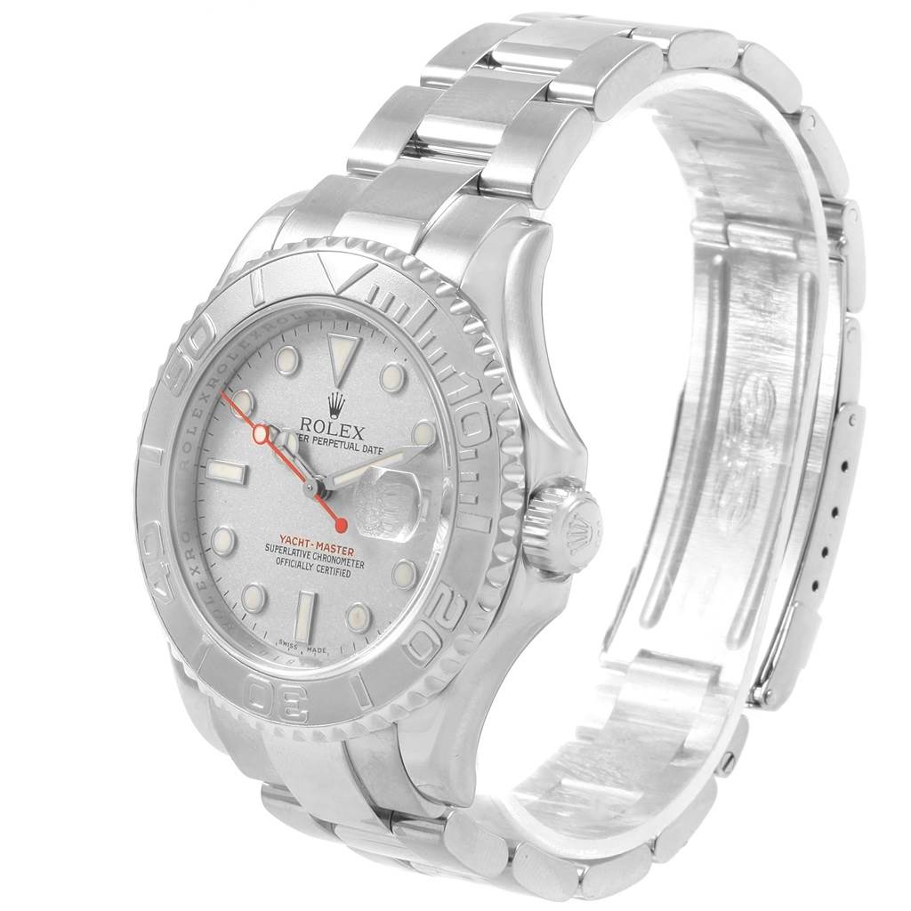 This image shows a frontal view of the Rolex Yacht-Master 16622 Men's Stainless Steel Silver Dial 16622 Men's Stainless Steel Silver Dial watch, highlighting its face, bezel, and stainless steel bracelet.