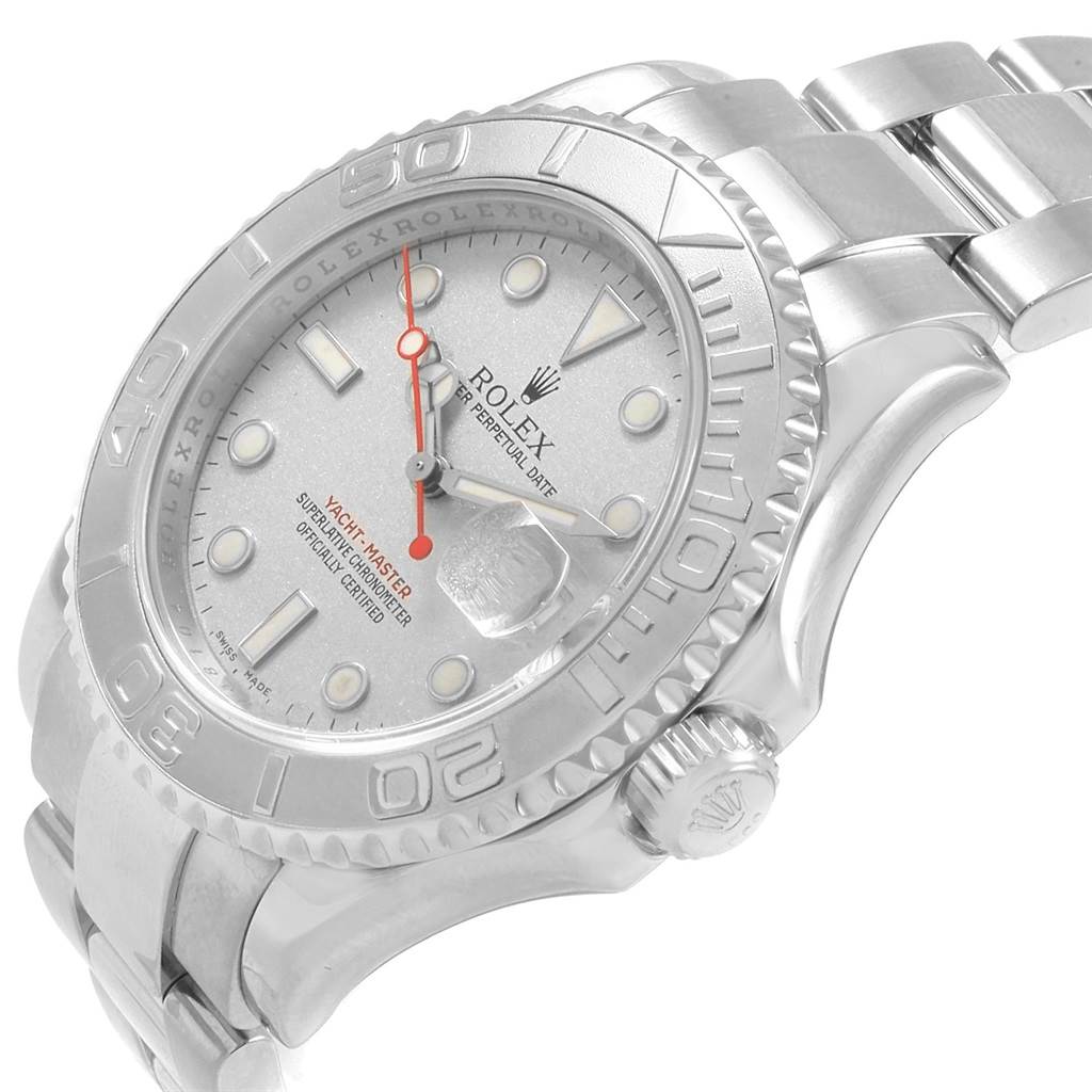 The image shows a close-up angled view of the Rolex Yacht-Master 16622 Men's Stainless Steel Silver Dial 16622 Men's Stainless Steel Silver Dial watch, highlighting its face, bezel, and part of the metal bracelet.