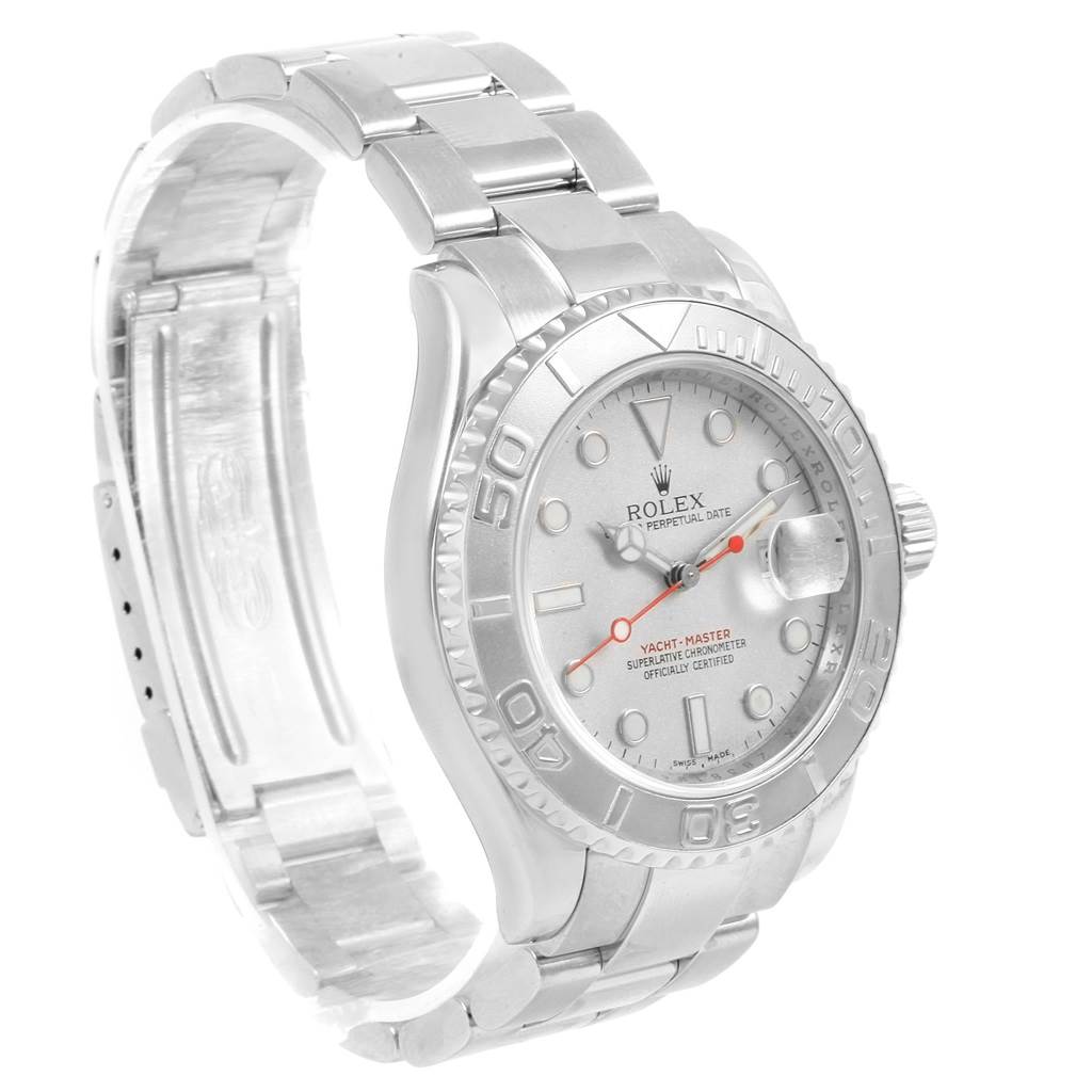 This image shows a side-angle view of a Rolex Yacht-Master 16622 Men's Stainless Steel Silver Dial 16622 Men's Stainless Steel Silver Dial watch displaying the face, bezel, and part of the bracelet.