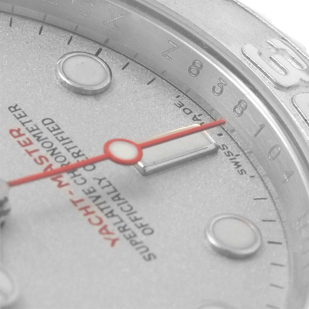This close-up image of a Rolex Yacht-Master 16622 Men's Stainless Steel Silver Dial 16622 Men's Stainless Steel Silver Dial watch shows part of the dial, hour markers, second hand, and part of the bezel.