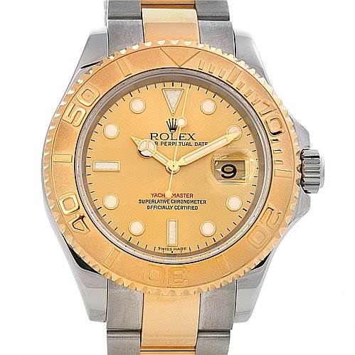 This image shows a Rolex Yacht-Master watch from a front angle, displaying the face, bezel, hands, and bracelet.