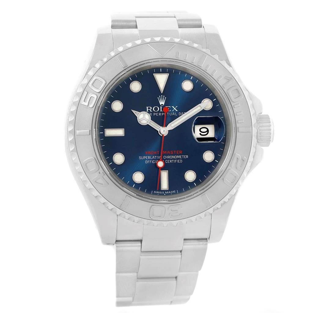 The Rolex Yacht-Master 116622 Men's Stainless Steel Blue Dial 116622 Men's Stainless Steel Blue Dial watch is shown from the front, highlighting its dial, bezel, and bracelet.