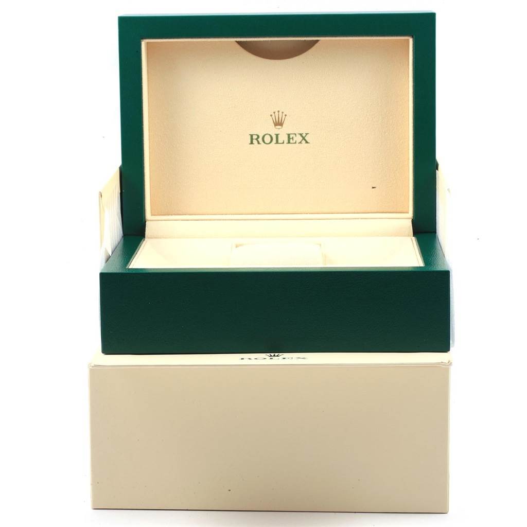 The image shows an open Rolex Yacht-Master 116622 Men's Stainless Steel Blue Dial 116622 Men's Stainless Steel Blue Dial watch box in green and beige from a frontal angle.