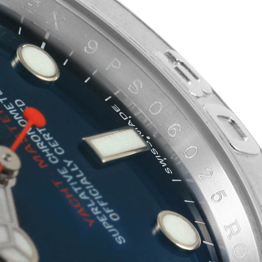 This close-up angle of the Rolex Yacht-Master 116622 Men's Stainless Steel Blue Dial 116622 Men's Stainless Steel Blue Dial watch shows part of the dial, bezel, and text details.