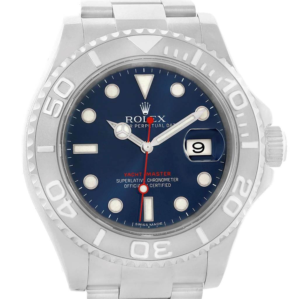 The Rolex Yacht-Master 116622 Men's Stainless Steel Blue Dial 116622 Men's Stainless Steel Blue Dial watch is shown from the front, displaying the dial, bezel, crown, and part of the bracelet.