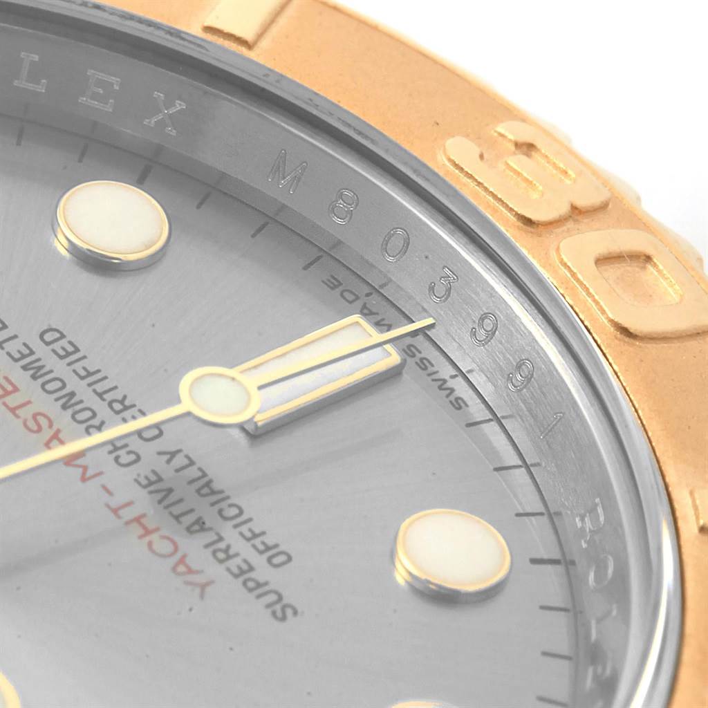 The image shows a close-up of the dial, bezel, and part of the case of a Rolex Yacht-Master 16623 Men's Stainless Steel Grey Dial 16623 Men's Stainless Steel Grey Dial watch, focusing on details and markings.