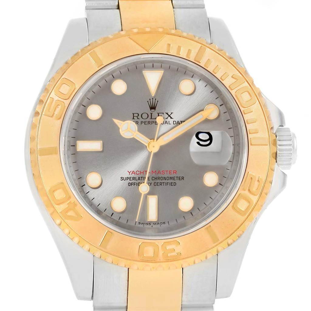 The image shows a frontal view of a Rolex Yacht-Master 16623 Men's Stainless Steel Grey Dial 16623 Men's Stainless Steel Grey Dial watch, highlighting its bezel, dial, crown, and part of the bracelet.