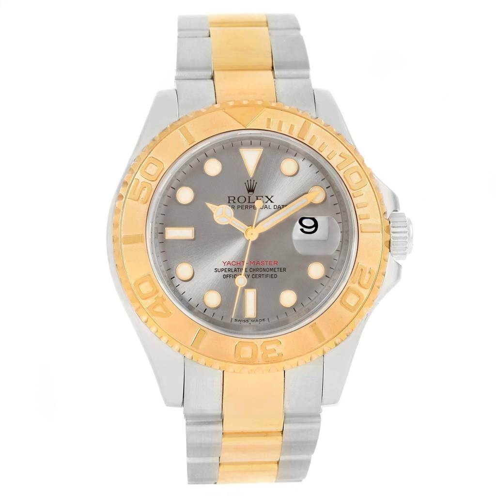 This image shows a frontal view of a Rolex Yacht-Master 16623 Men's Stainless Steel Grey Dial 16623 Men's Stainless Steel Grey Dial watch, highlighting its dial, bezel, and bracelet.