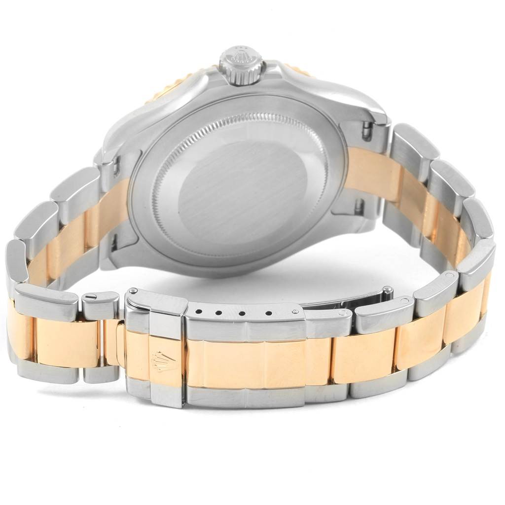 This image shows the back view of a Rolex Yacht-Master 16623 Men's Stainless Steel Grey Dial 16623 Men's Stainless Steel Grey Dial watch, highlighting its case back, crown, and two-tone bracelet.