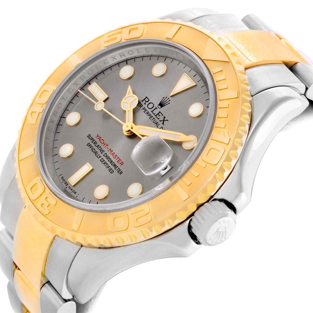 The Rolex Yacht-Master 16623 Men's Stainless Steel Grey Dial 16623 Men's Stainless Steel Grey Dial watch is shown from a side angle, displaying the bezel, dial, and a portion of the bracelet.