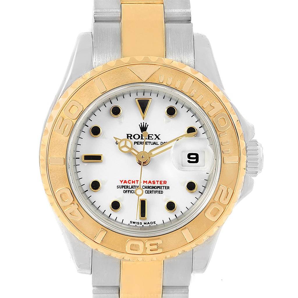 This image shows a front view of the Rolex Yacht-Master 169623 Women's Steel and Gold (two tone) White Dial 169623 Women's Steel and Gold (two tone) White Dial watch, displaying the dial, bezel, and part of the bracelet.