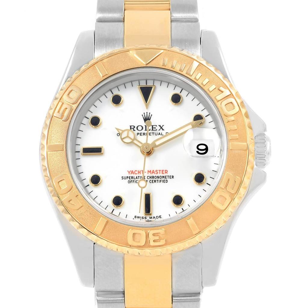 The image shows a front view of the Rolex Yacht-Master 168623 Men
s Steel and Gold (two tone) White Dial 168623 Men
s Steel and Gold (two tone) White Dial watch featuring a gold bezel and white dial.