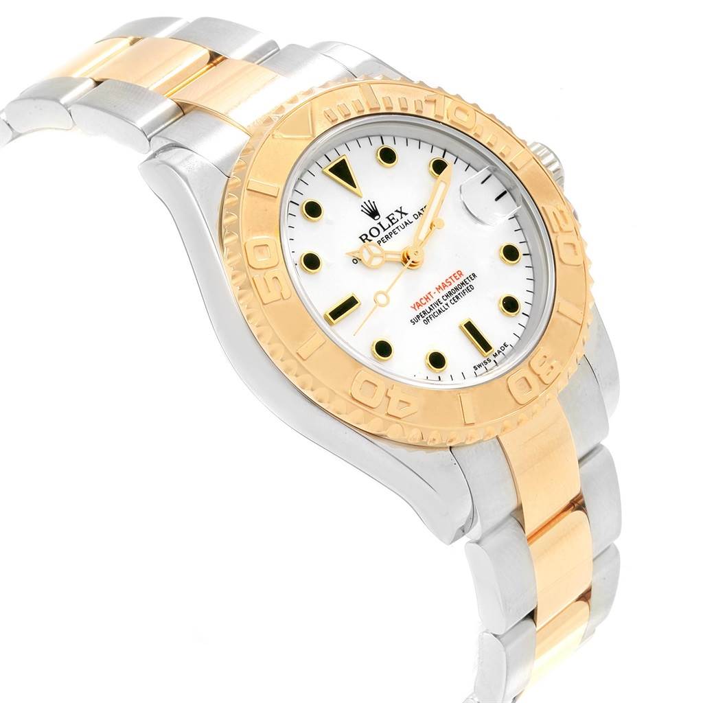 This Rolex Yacht-Master 168623 Men
s Steel and Gold (two tone) White Dial 168623 Men
s Steel and Gold (two tone) White Dial watch is shown at an oblique angle, displaying its face, bezel, and bracelet.