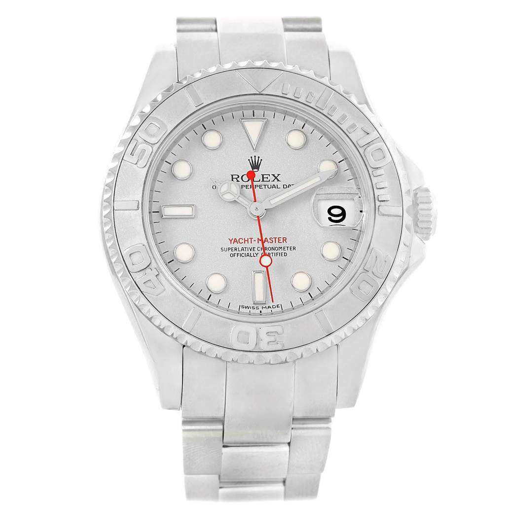 The image shows a front view of a Rolex Yacht-Master 168622 Men's Stainless Steel Silver Dial 168622 Men's Stainless Steel Silver Dial watch, displaying its face, bezel, and bracelet.