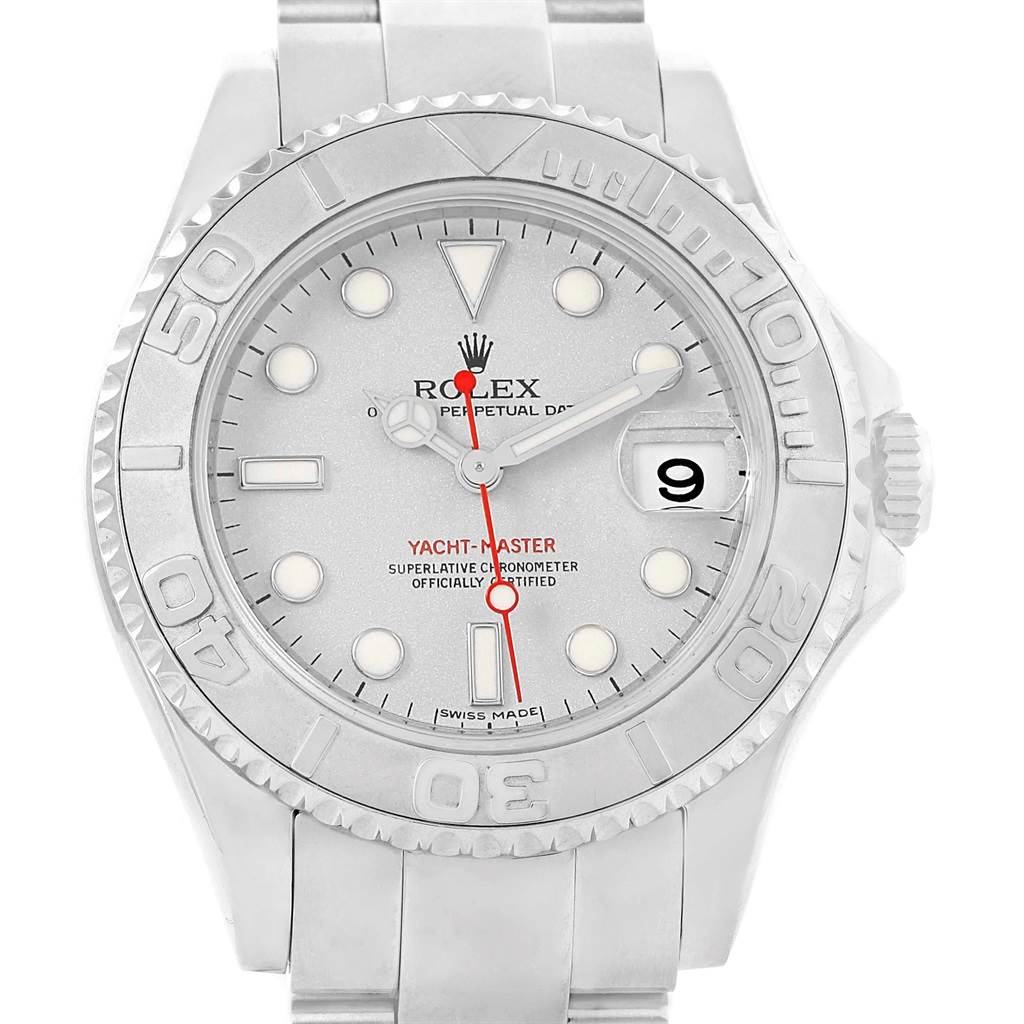 The image shows a front view of the Rolex Yacht-Master 168622 Men's Stainless Steel Silver Dial 168622 Men's Stainless Steel Silver Dial watch, highlighting its dial, bezel, crown, and part of the bracelet.