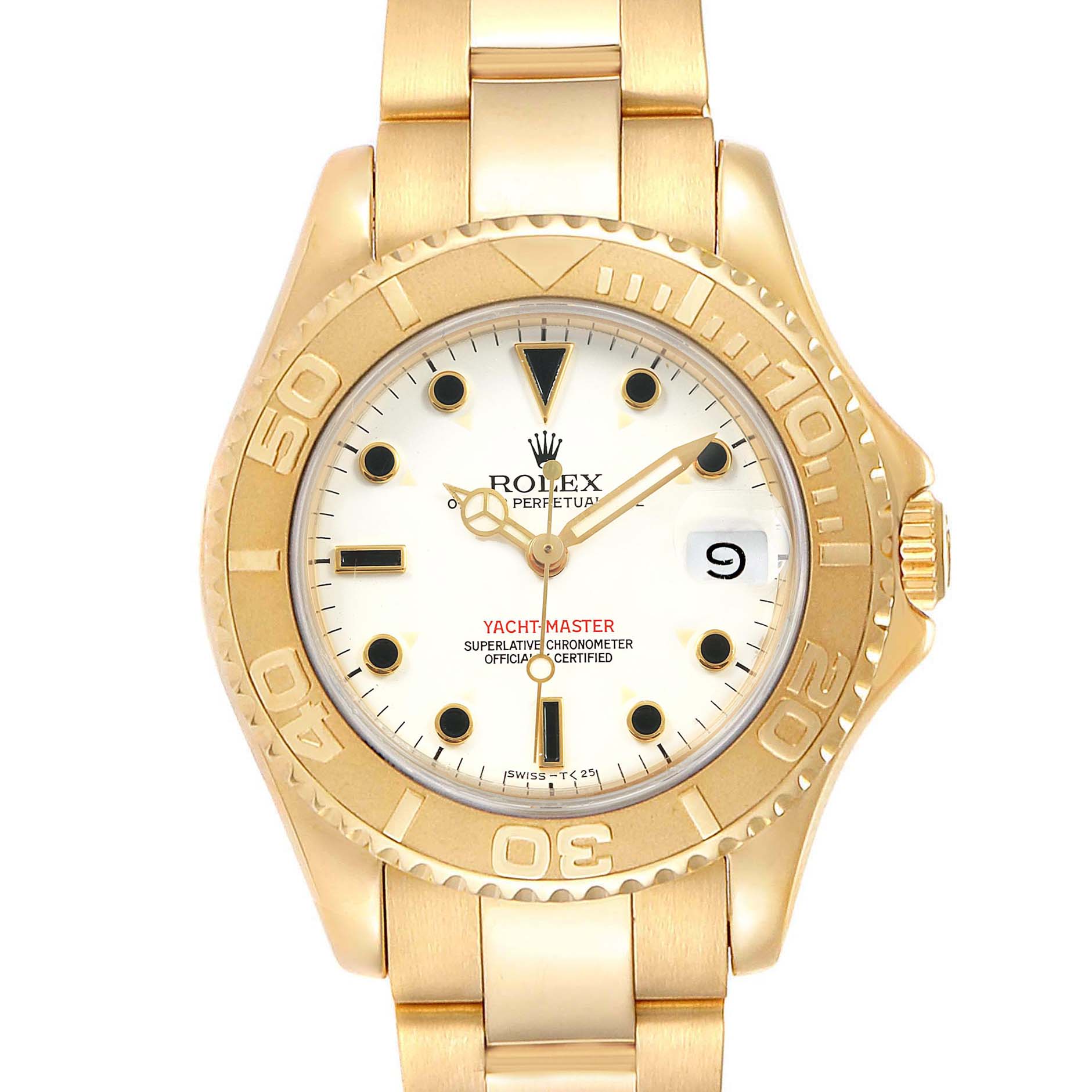 The image displays a front view of a Rolex Yacht-Master 68628 Men's Yellow Gold White Dial 68628 Men's Yellow Gold White Dial watch, showing the dial, bezel, and part of the bracelet.