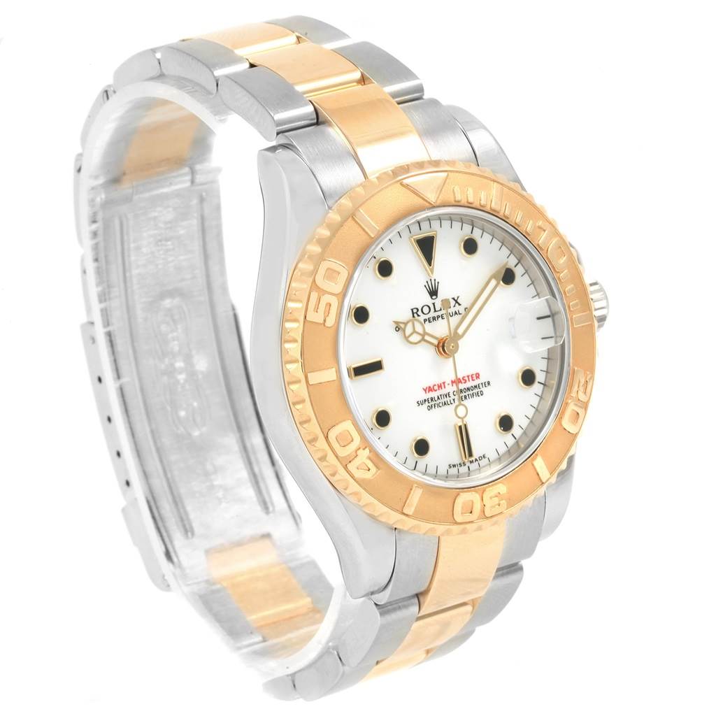 The Rolex Yacht-Master 168623 Men's Steel and Gold (two tone) White Dial 168623 Men's Steel and Gold (two tone) White Dial watch is shown at an angle highlighting the face, bezel, and part of the bracelet.