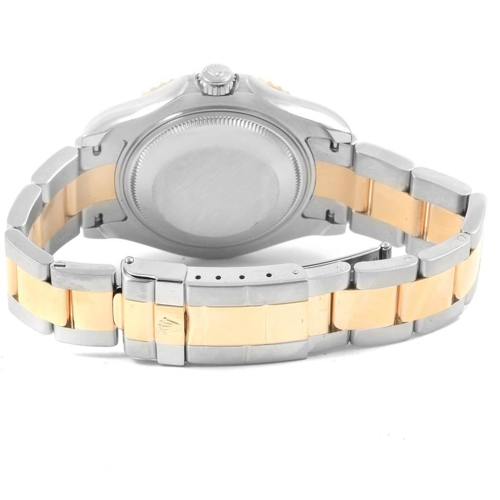 This image shows the Rolex Yacht-Master 168623 Men's Steel and Gold (two tone) White Dial 168623 Men's Steel and Gold (two tone) White Dial watch from the back, highlighting the case back and two-tone bracelet.