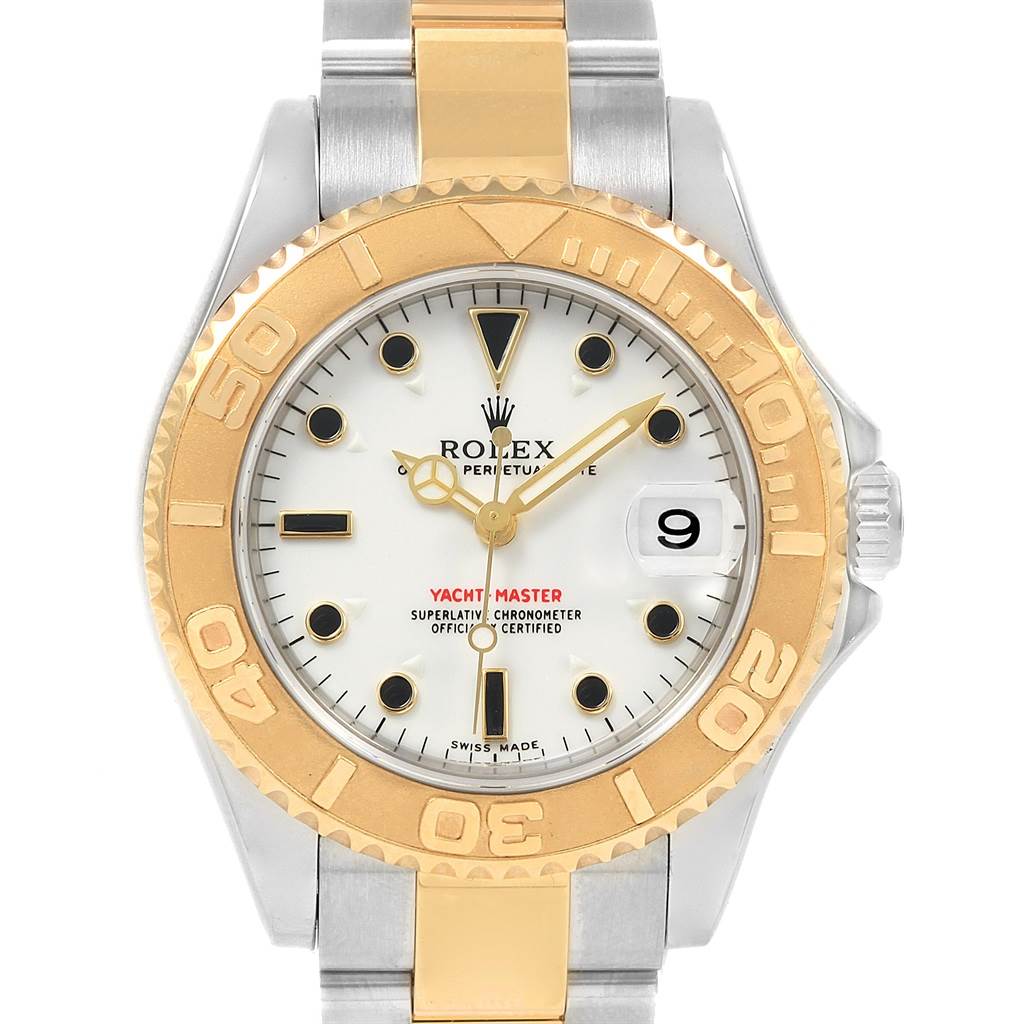 This image shows a Rolex Yacht-Master 168623 Men's Steel and Gold (two tone) White Dial 168623 Men's Steel and Gold (two tone) White Dial watch from a front angle, highlighting the dial, hands, bezel, and bracelet.