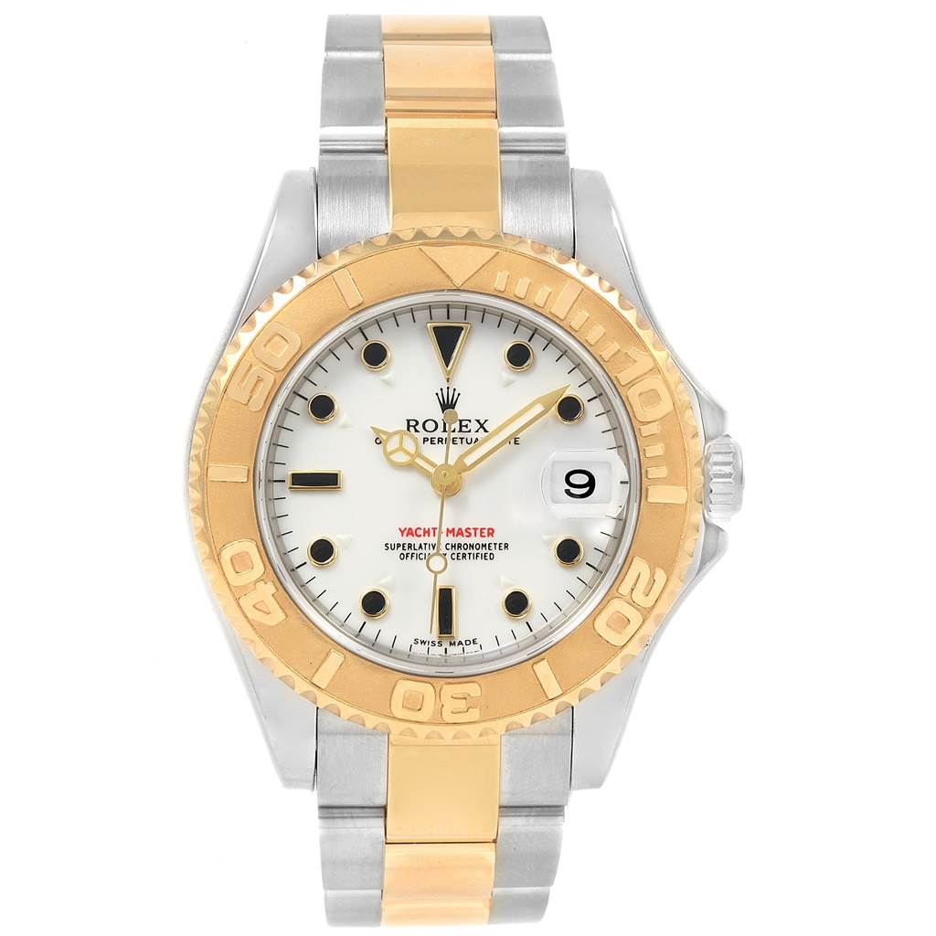 This Rolex Yacht-Master 168623 Men's Steel and Gold (two tone) White Dial 168623 Men's Steel and Gold (two tone) White Dial watch is shown from a front angle, displaying its face, bezel, and bracelet.