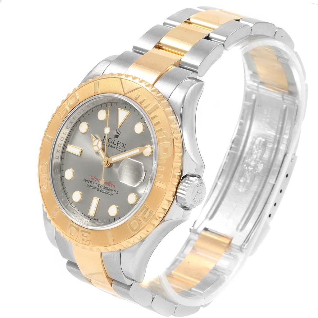 This image shows a Rolex Yacht-Master 16623 Men's Stainless Steel Grey Dial 16623 Men's Stainless Steel Grey Dial watch at a three-quarter angle, highlighting the face, bezel, crown, and bracelet.