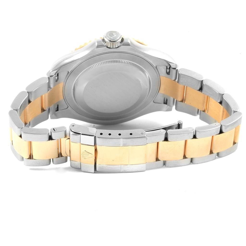 The image shows the back view of a Rolex Yacht-Master 16623 Men's Stainless Steel Grey Dial 16623 Men's Stainless Steel Grey Dial watch, highlighting the case back and two-tone bracelet with a clasp.