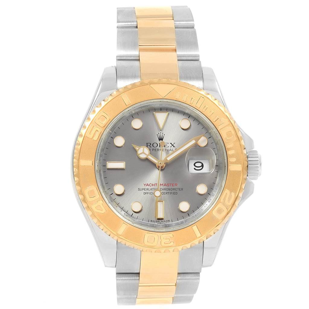 This image shows a front view of the Rolex Yacht-Master 16623 Men's Stainless Steel Grey Dial 16623 Men's Stainless Steel Grey Dial watch, highlighting the dial, bezel, and bracelet.