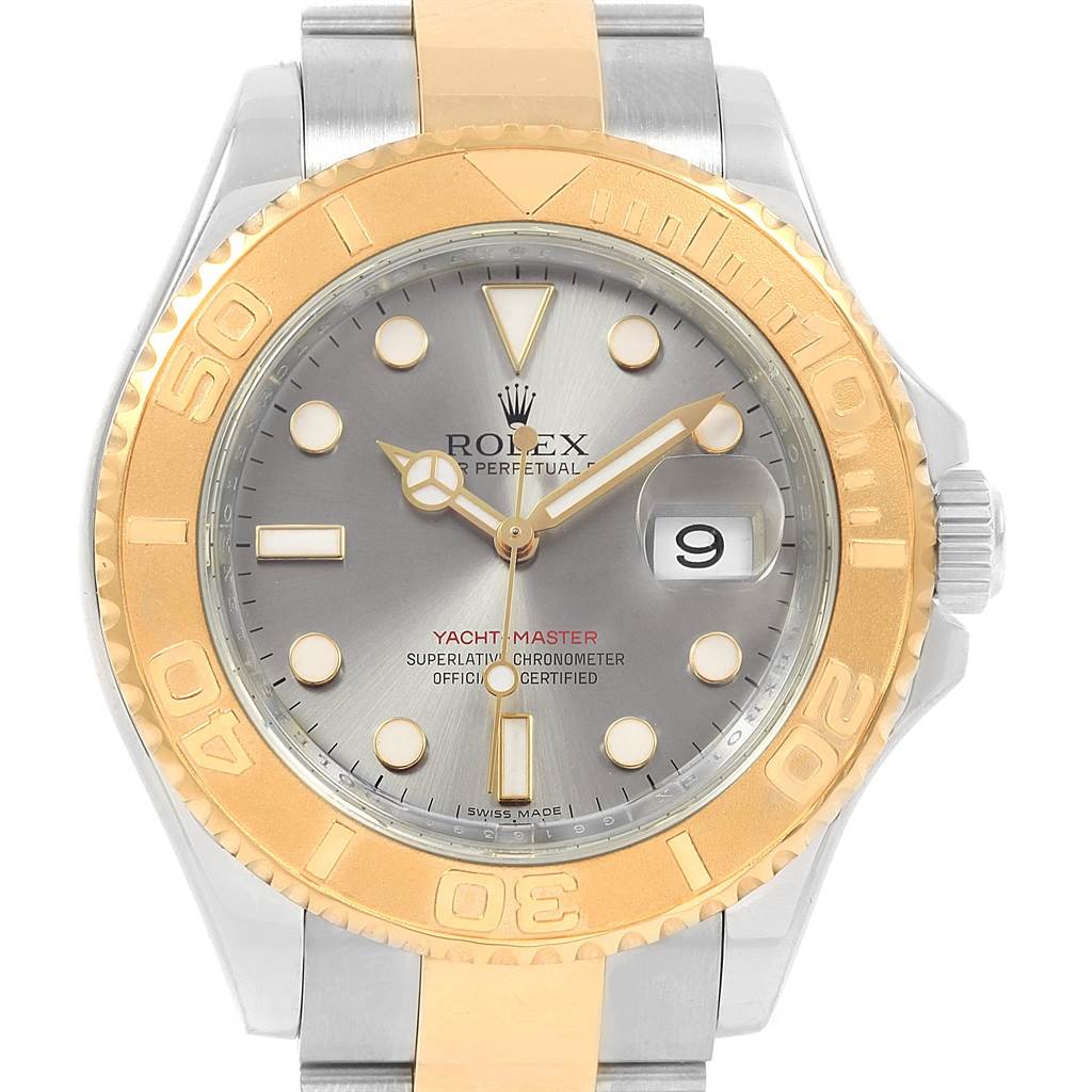 The Rolex Yacht-Master 16623 Men's Stainless Steel Grey Dial 16623 Men's Stainless Steel Grey Dial watch is shown from a front angle, highlighting the dial, date window, and bezel.