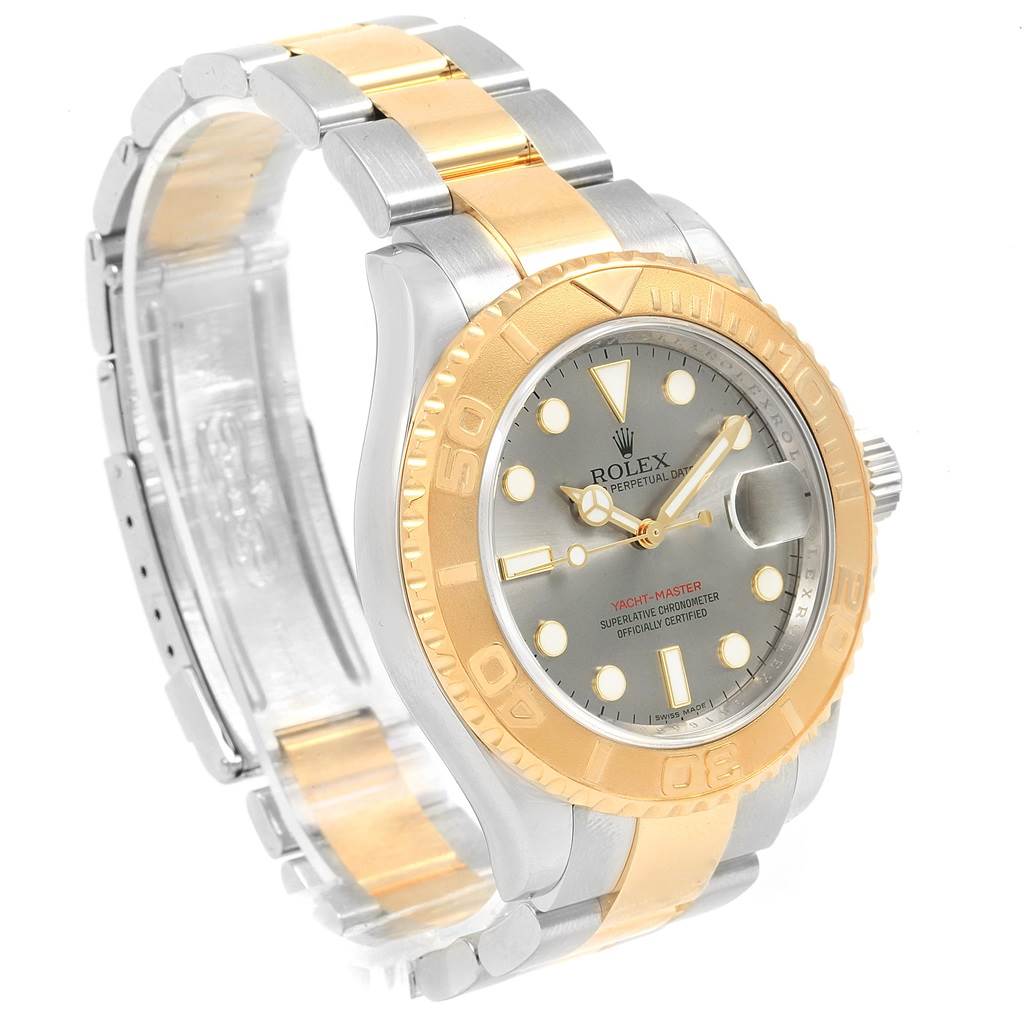 The Rolex Yacht-Master 16623 Men's Stainless Steel Grey Dial 16623 Men's Stainless Steel Grey Dial watch is shown at a three-quarter angle, highlighting its bezel, dial, case, and bracelet.