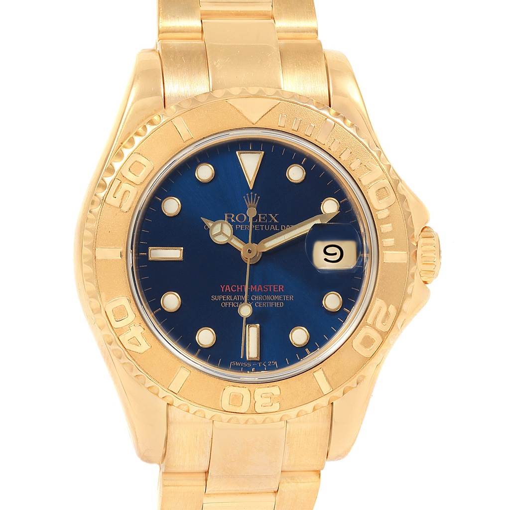 This image shows a front view of the Rolex Yacht-Master 68628 Yellow Gold Blue Dial 68628 Yellow Gold Blue Dial watch, highlighting its blue dial, gold casing, and metal bracelet.