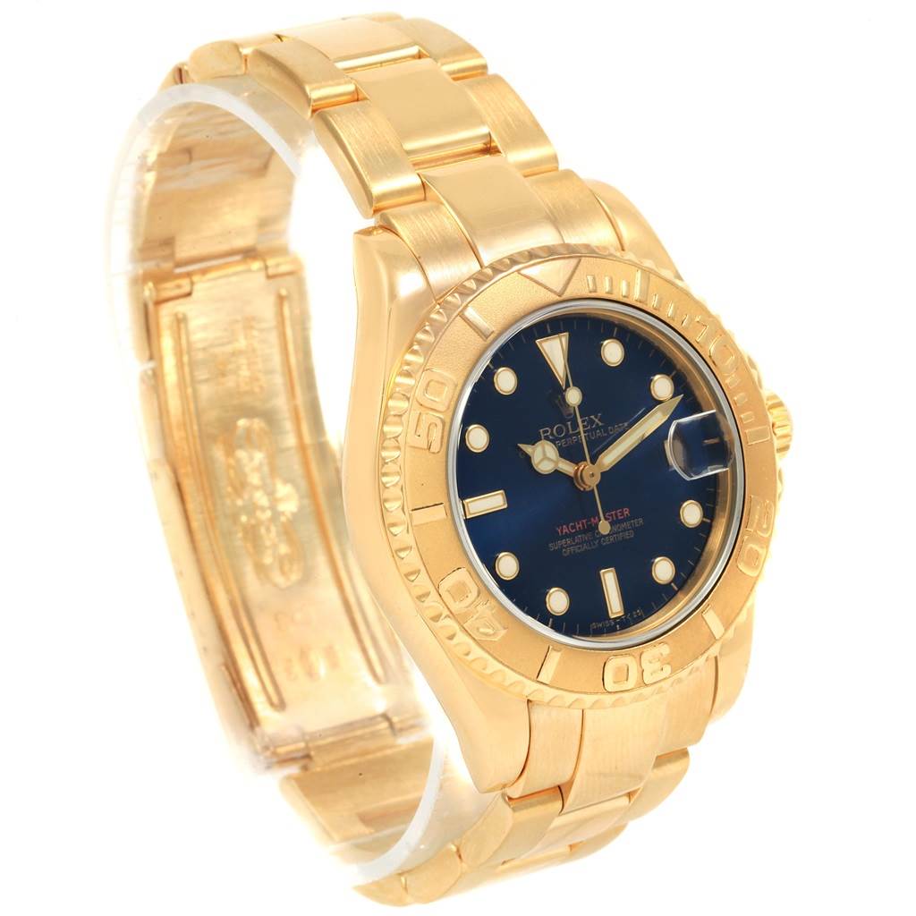 The image shows a gold Rolex Yacht-Master 68628 Yellow Gold Blue Dial 68628 Yellow Gold Blue Dial watch from a front angle, highlighting the blue dial and bracelet.