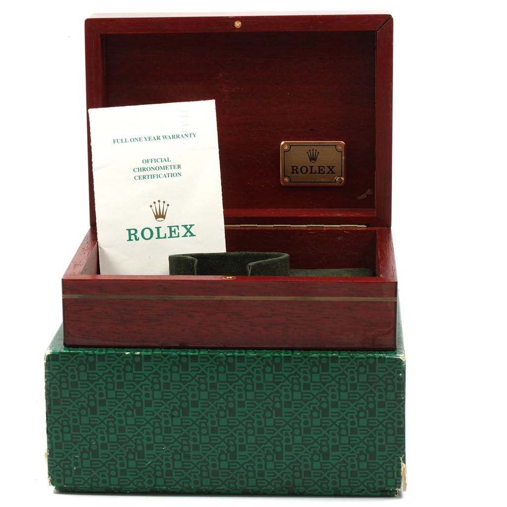 The image shows a Rolex Yacht-Master 68628 Yellow Gold Blue Dial 68628 Yellow Gold Blue Dial box with its warranty and chronometer certification booklets.