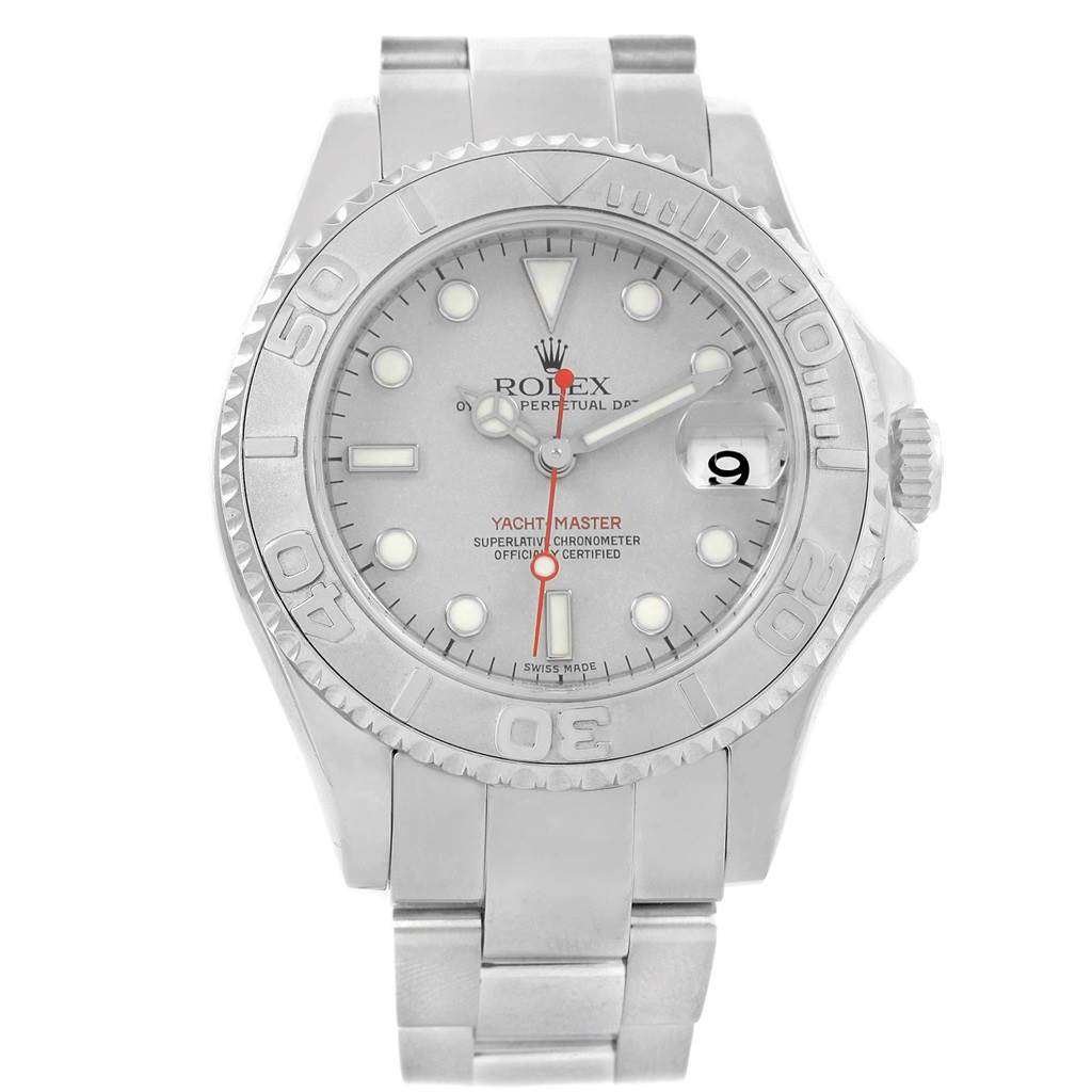 The Yacht-Master Rolex watch is shown from the front, displaying the face, bezel, and bracelet.