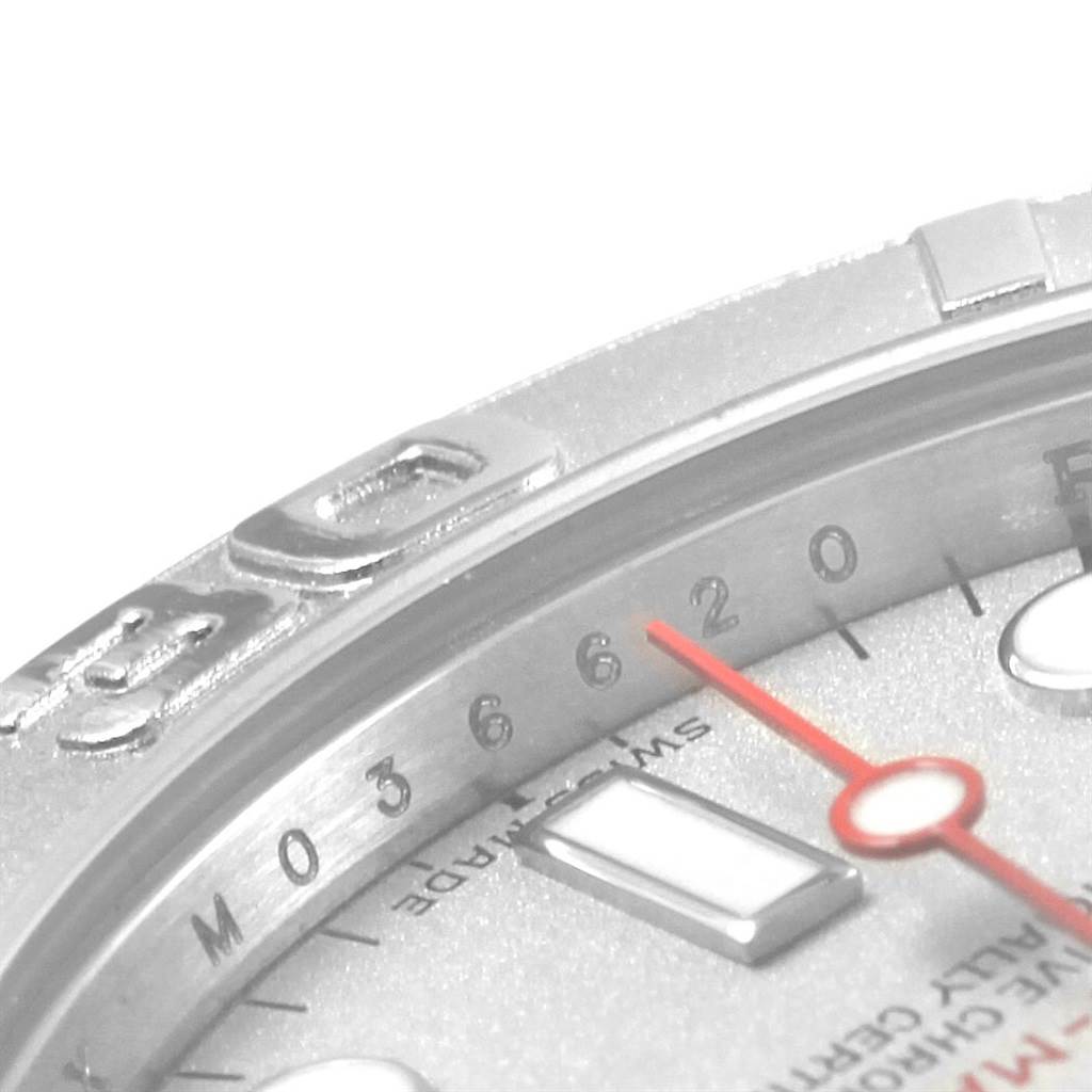 This close-up image of a Rolex Yacht-Master 168622 Men's Stainless Steel Silver Dial 168622 Men's Stainless Steel Silver Dial watch shows the bezel, dial, and part of the second hand.