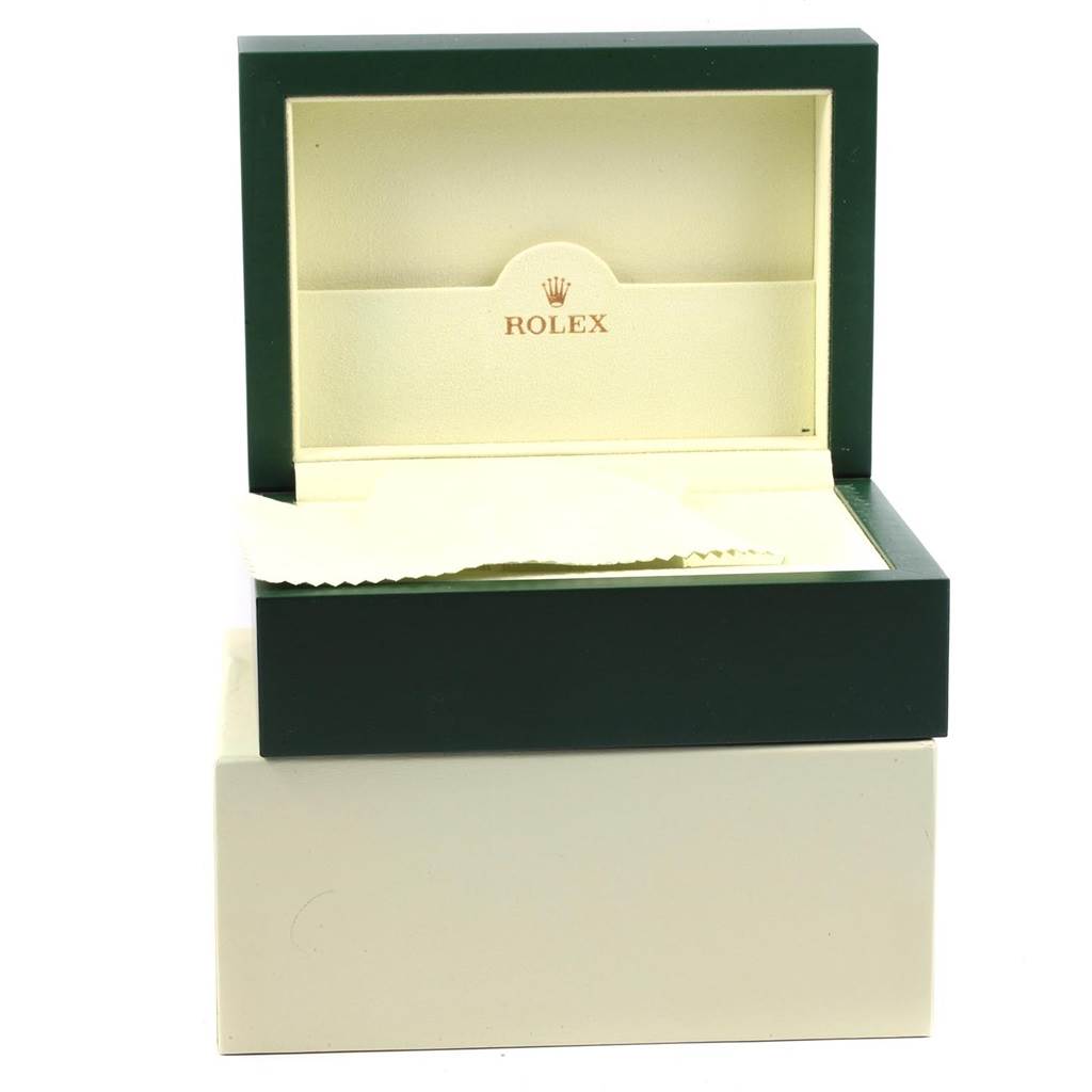 The image shows an open Rolex Yacht-Master 168622 Men's Stainless Steel Silver Dial 168622 Men's Stainless Steel Silver Dial watch box with the Rolex logo inside the lid.