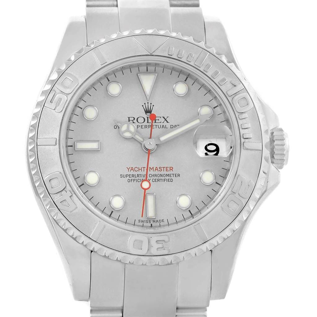 The image shows a front view of the Rolex Yacht-Master 168622 Men's Stainless Steel Silver Dial 168622 Men's Stainless Steel Silver Dial watch, highlighting its dial, bezel, and bracelet.