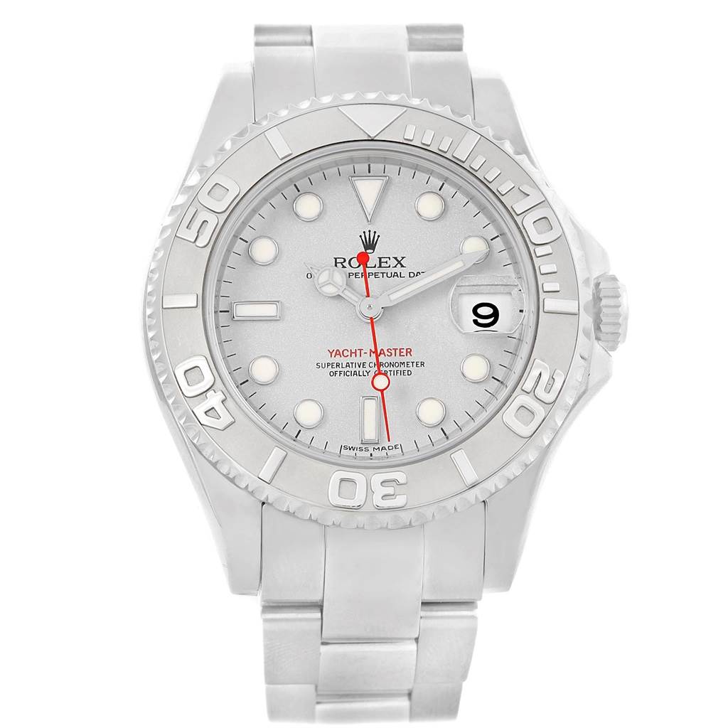 This Rolex Yacht-Master 168622 Men's Stainless Steel Silver Dial 168622 Men's Stainless Steel Silver Dial watch is shown from a front angle, displaying the bezel, dial, hands, date window, and bracelet.
