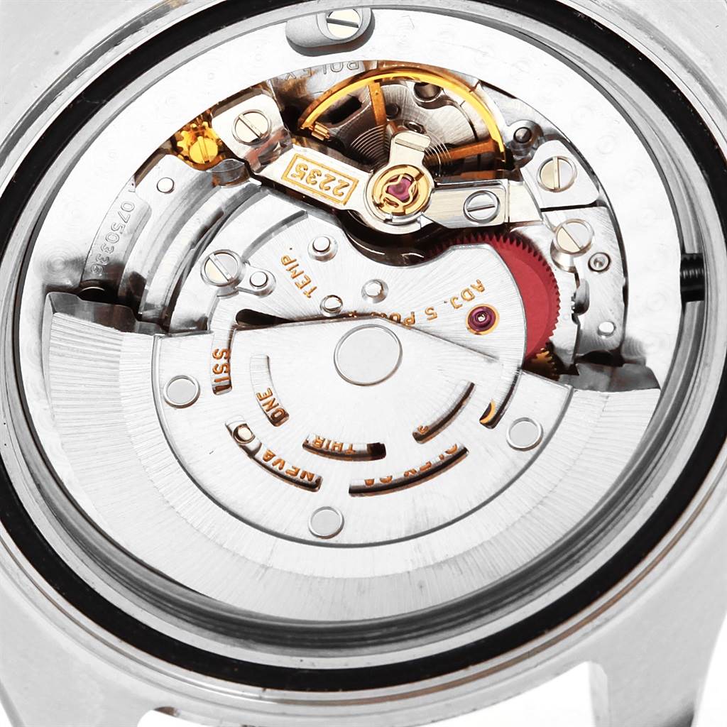 This is a close-up view of the Rolex Yacht-Master 168622 Men's Stainless Steel Silver Dial 168622 Men's Stainless Steel Silver Dial watch's movement mechanism.