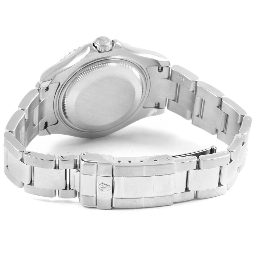 This image shows the backside and bracelet of the Rolex Yacht-Master 168622 Men's Stainless Steel Silver Dial 168622 Men's Stainless Steel Silver Dial watch, including the clasp with the Rolex logo.